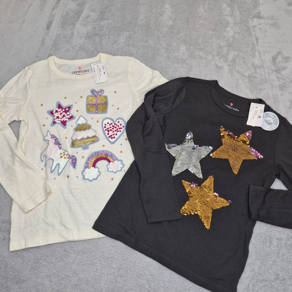 2! Crewcuts Girls Long Sleeve Sequin Graphic T-Shirt Set 10 Stars Chirstmas